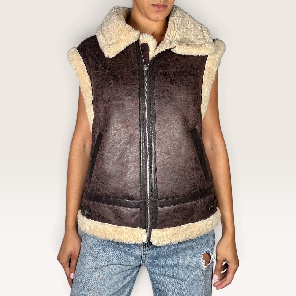BDG Urban Outfitters Faux Leather Shearling Aviator Vest Brown Medium NWOT
